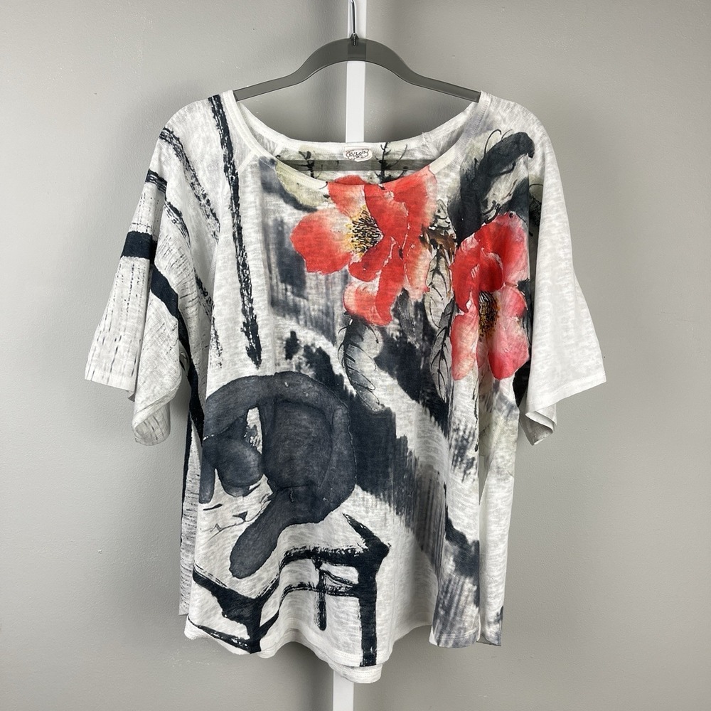 Et Lois Artsy Top Womens 2X Red Black Floral Art to Wear Resort Abstract